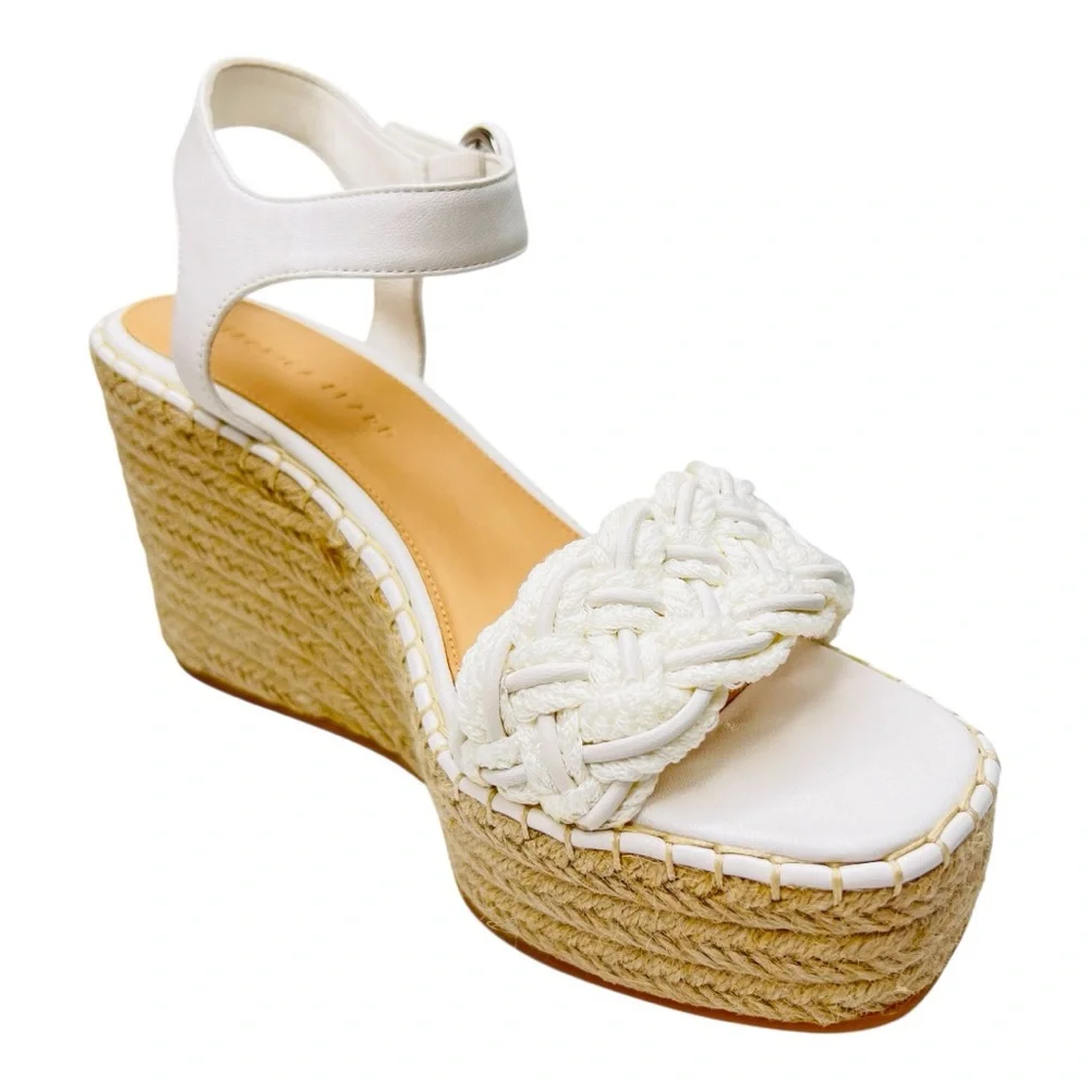 Veronica Beard Reema White Braided Ankle Strap Wedge Platform Espadrille Sandal
